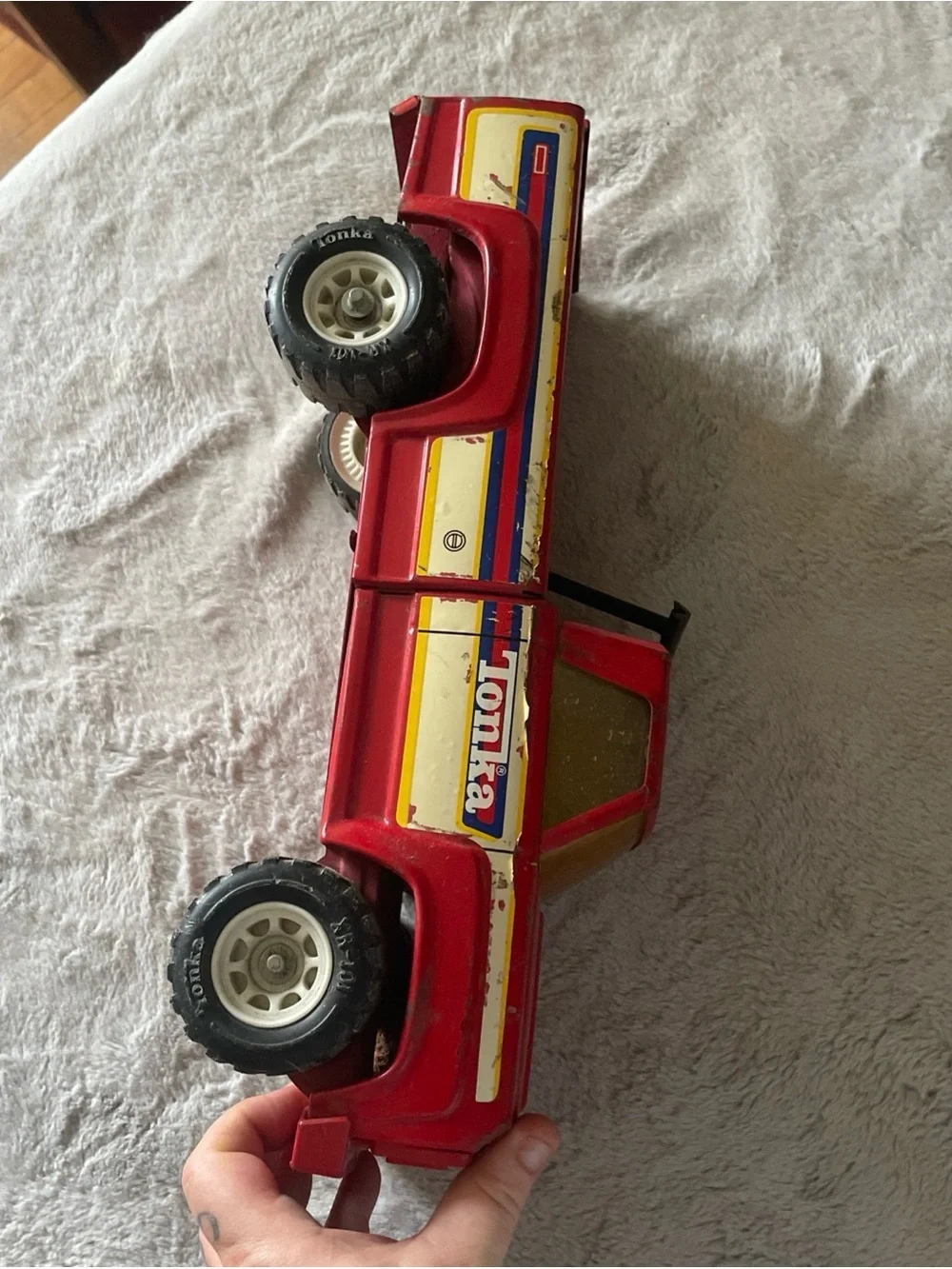 1970’s Tonka Red Pickup Truck with Yellow & Blue Stripe Accents
